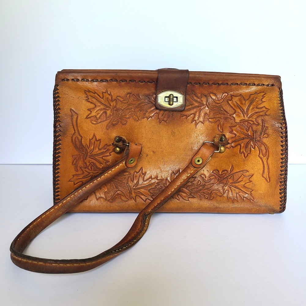 Vintage Brown Leather Tooled Handbag Western Boho Turn‎ Lock Festival Rustic - Picture 10 of 10